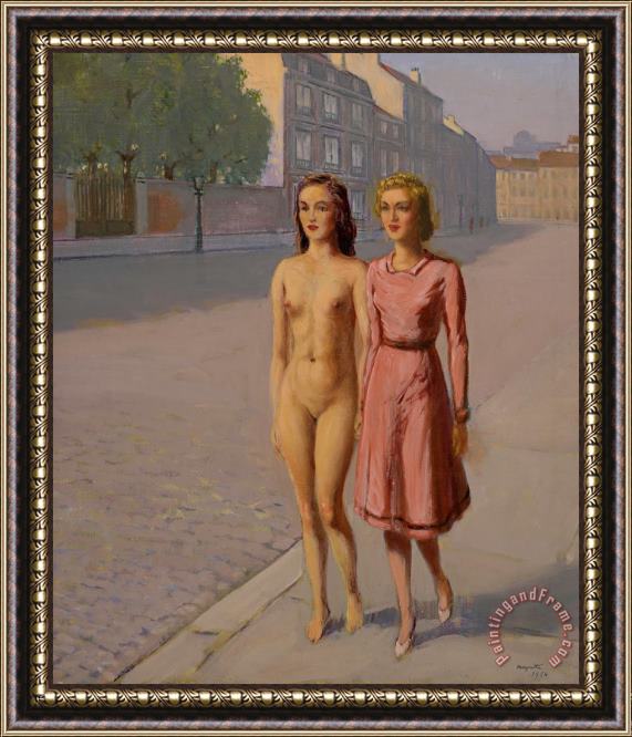 rene magritte Untitled (two Girls Walking Along a Street) Framed Painting