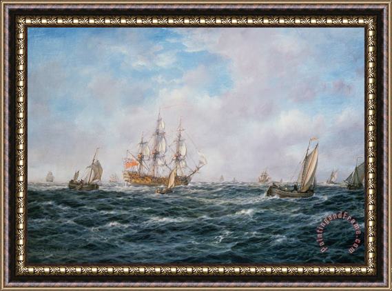 Richard Willis British Man-o-War and Other Craft Framed Painting