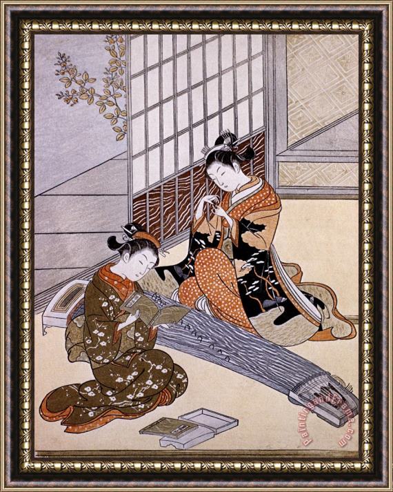 Suzuki Harunobu Playing The Koto Framed Print