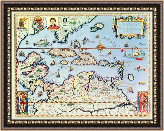 Theodore de Bry Map of the Caribbean islands and the American state of Florida Framed Painting