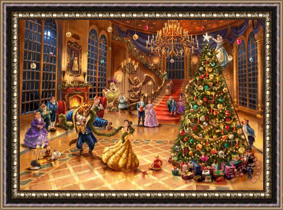 Thomas Kinkade Disney Beauty And The Beast Christmas Celebration Framed Print