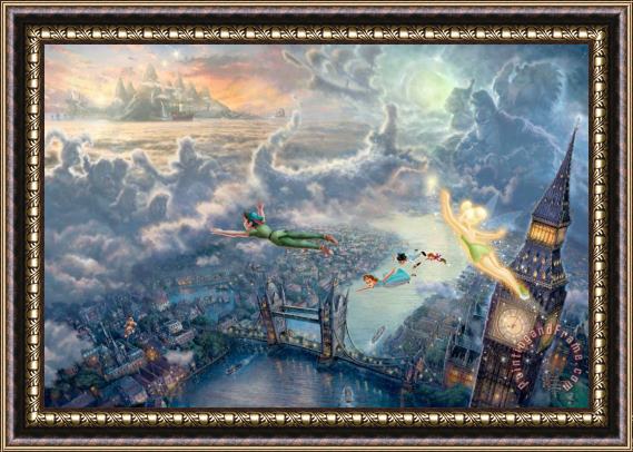 Thomas Kinkade Tinker Bell And Peter Pan Fly to Neverland Framed Painting