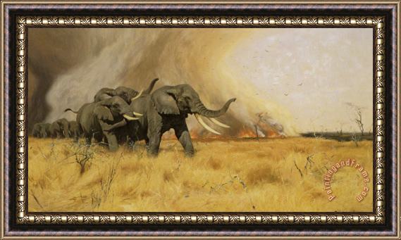 Wilhelm Kuhnert Elephants Moving Before a Veldt Fire Framed Painting