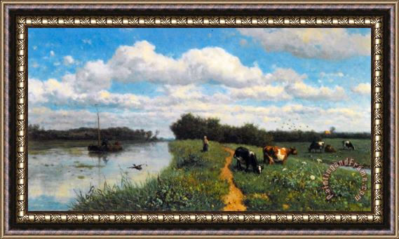 Willem Roelofs Cows Grazing Near a Canal, Schiedam Framed Painting