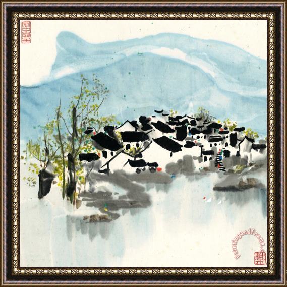 Wu Guanzhong Jiangnan River Town Framed Painting