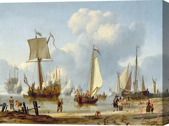 Abraham Storck Ships in Calm Water with Figures by the Shore Stretched Canvas Print / Canvas Art
