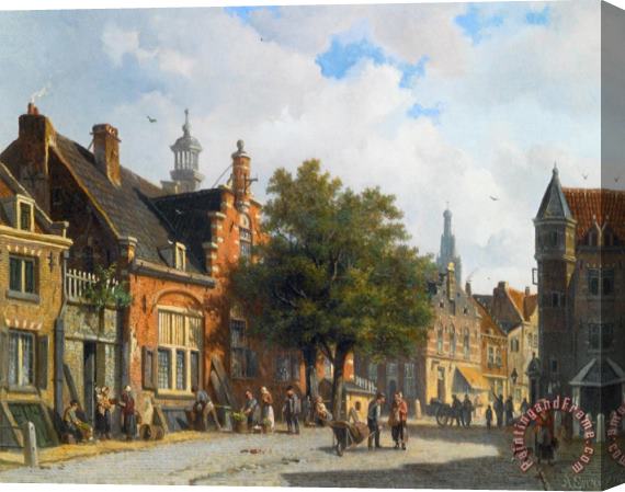 Adrianus Eversen Figures in The Sunlit Streets of a Dutch Town Stretched Canvas Painting / Canvas Art