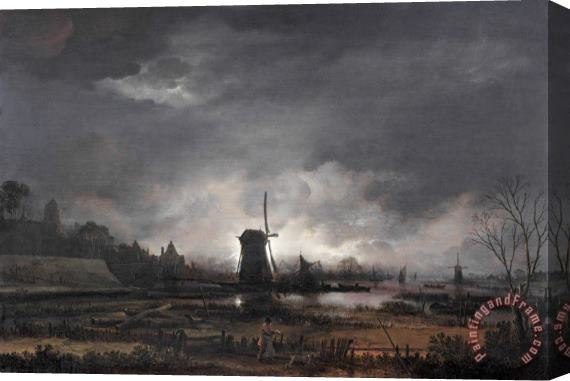 Aert van der Neer Moonlit Landscape with a Windmill, Early to Mid 1650's Stretched Canvas Painting / Canvas Art