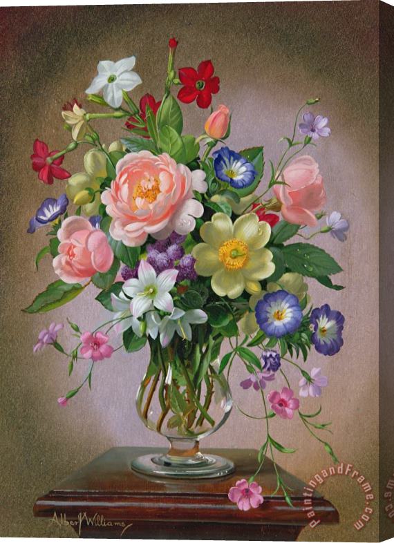Albert Williams Roses Peonies And Freesias In A Glass Vase Stretched Canvas Painting / Canvas Art
