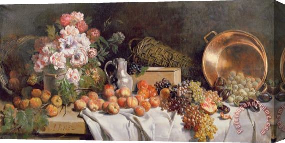 Alfred Petit  Still life with flowers and fruit on a table Stretched Canvas Print / Canvas Art