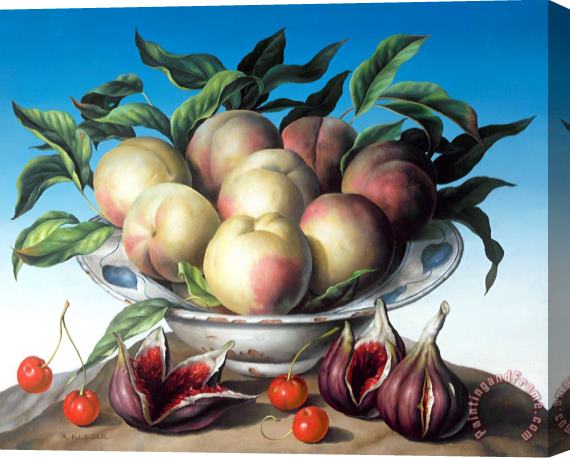 Amelia Kleiser Peaches in Delft bowl with purple figs Stretched Canvas Print / Canvas Art