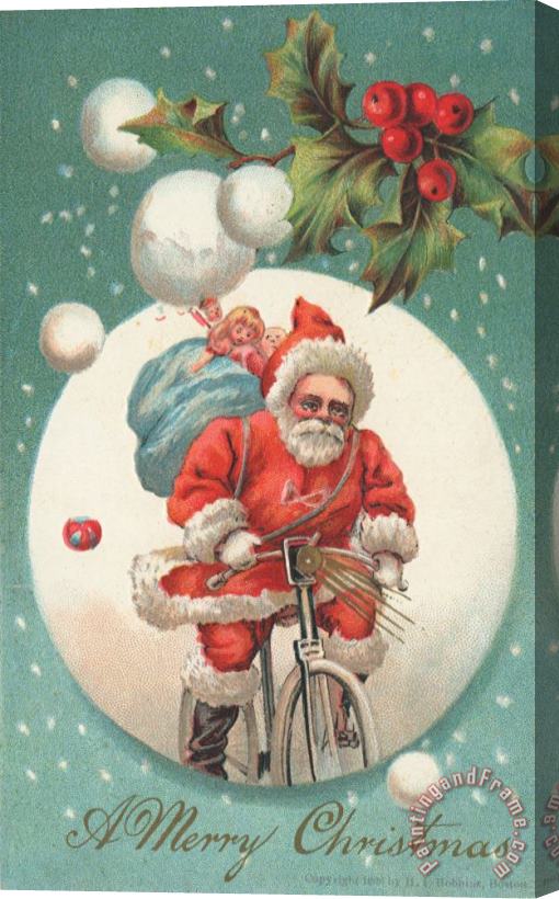 American School American Christmas Card With A Cycling Father Christmas With His Sack Of Gifts Stretched Canvas Print / Canvas Art