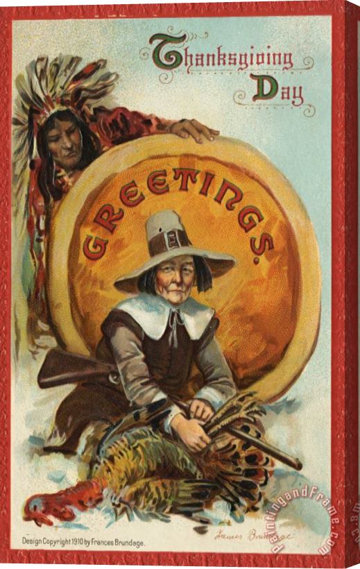 American School Postcard of Pilgrim Plucking a Turkey Stretched Canvas Painting / Canvas Art