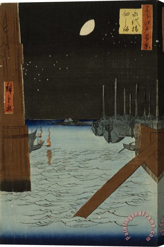 Ando Hiroshige Moon Over Ships Moored at Tsukuda Island From Eitai Bridge From One Hundred Views of Famous Places in Edo Stretched Canvas Painting / Canvas Art