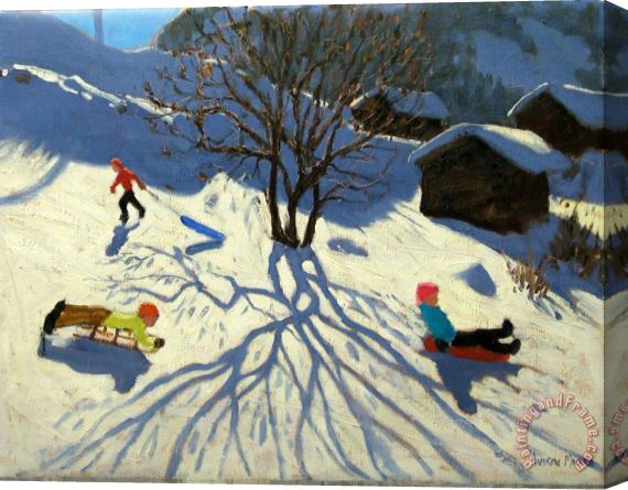 Andrew Macara Winter hillside Morzine France Stretched Canvas Print / Canvas Art