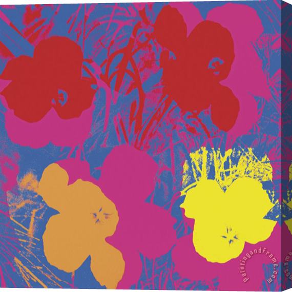 Andy Warhol Flowers 1970 Red Yellow Orange on Blue Stretched Canvas Painting / Canvas Art