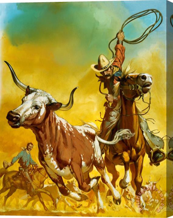 Angus McBride Cowboy lassoing cattle Stretched Canvas Print / Canvas Art