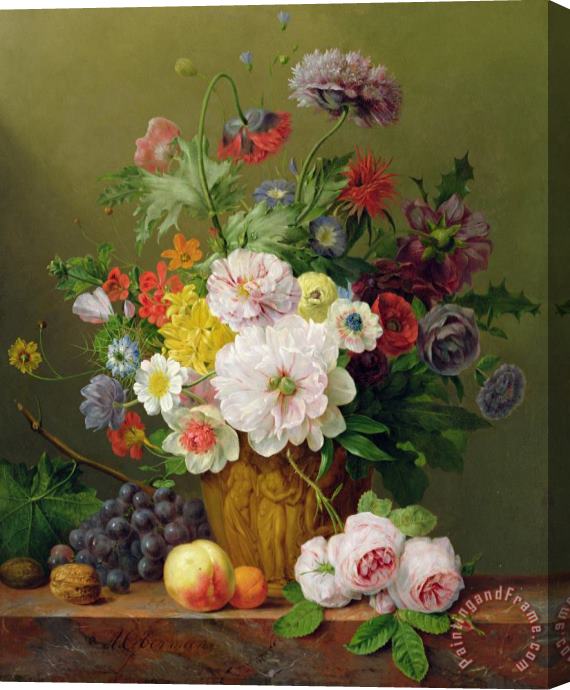 Anthony Obermann Still Life With Flowers And Fruit Stretched Canvas Painting / Canvas Art