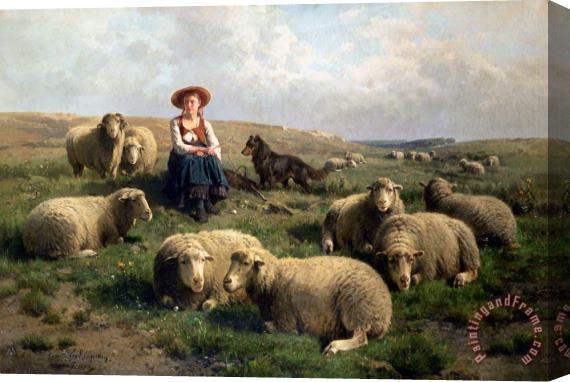 C Leemputten and T Gerard Shepherdess with Sheep in a Landscape Stretched Canvas Painting / Canvas Art
