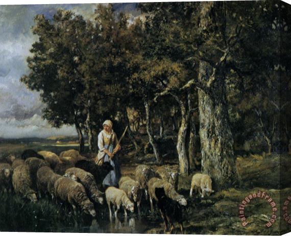 Charles Emile Jacque Shepherdess Watering Flock Stretched Canvas Painting / Canvas Art