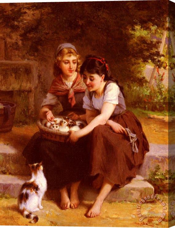 Emile Munier Two Girls with a Basket of Kittens Stretched Canvas Painting / Canvas Art