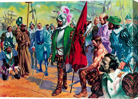 English School Hernando Cortes arriving in Mexico in 1519 Stretched Canvas Print / Canvas Art