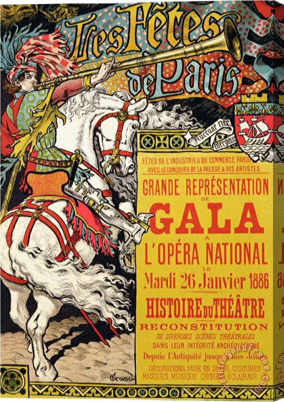 Eugene Grasset Reproduction of a Poster Advertising The Fetes De Paris at The Opera National Paris 1885 Stretched Canvas Painting / Canvas Art