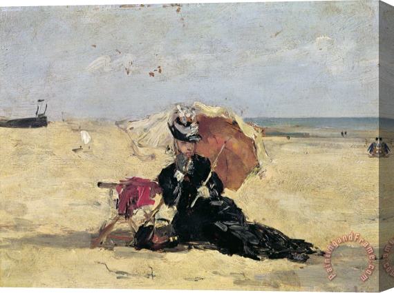 Eugene Louis Boudin Woman with a Parasol on the Beach Stretched Canvas Painting / Canvas Art