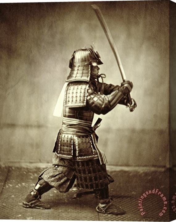 F Beato Samurai with raised sword Stretched Canvas Print / Canvas Art
