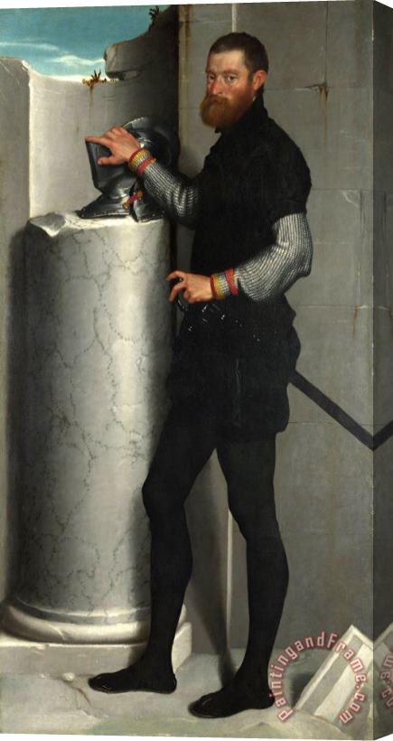 Giovanni Battista Moroni Portrait of a Gentleman with His Helmet on a Column Shaft Stretched Canvas Painting / Canvas Art