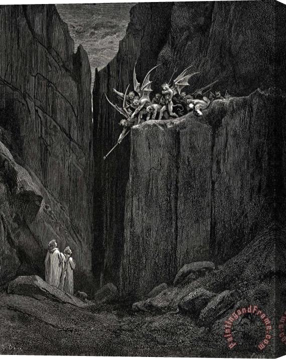 Gustave Dore The Inferno, Canto 23, Lines 5254 Scarcely Had His Feet Reach’d to The Lowest of The Bed Beneath, When Over Us The Steep They Reach’d Stretched Canvas Painting / Canvas Art