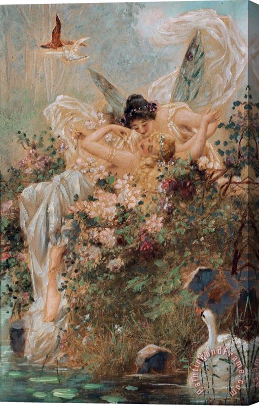 Hans Zatzka Two Fairies Embracing in a Landscape with a Swan Circa Stretched Canvas Print / Canvas Art