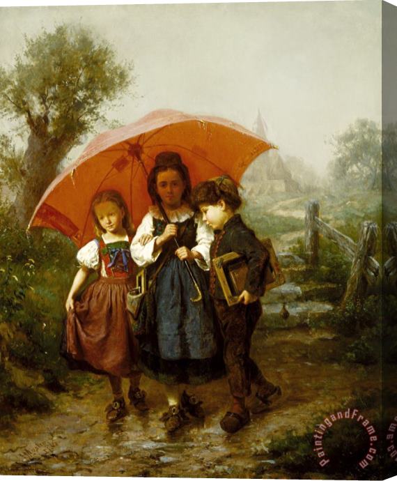 Henry Mosler Children Under a Red Umbrella Stretched Canvas Print / Canvas Art
