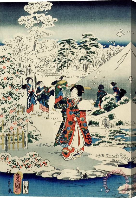 Hiroshige Maids in a snow covered garden Stretched Canvas Print / Canvas Art