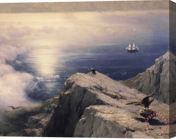 Ivan Constantinovich Aivazovsky A Rocky Coastal Landscape in The Aegean with Ships in The Distance Detail Stretched Canvas Painting / Canvas Art