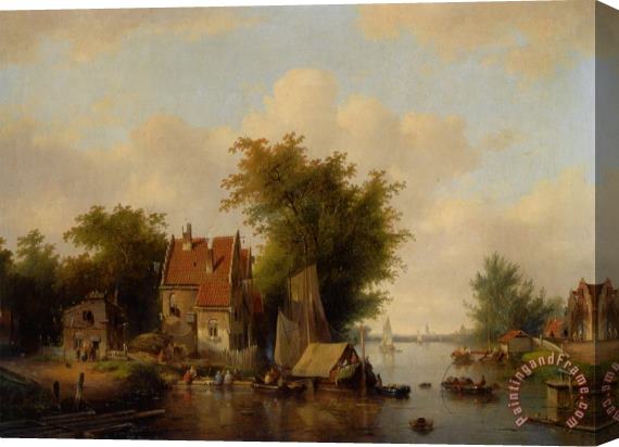 Jacobus Van Der Stok A River Landscape with Many Figures by a Village Stretched Canvas Print / Canvas Art