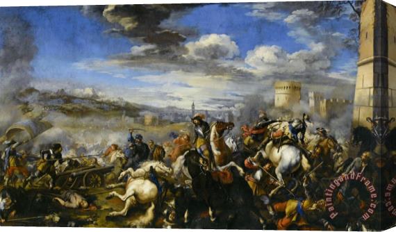 Jacques Courtois Battle Scene with Infantry Cavalry And Cannon a Fortress And a City Beyond Stretched Canvas Print / Canvas Art