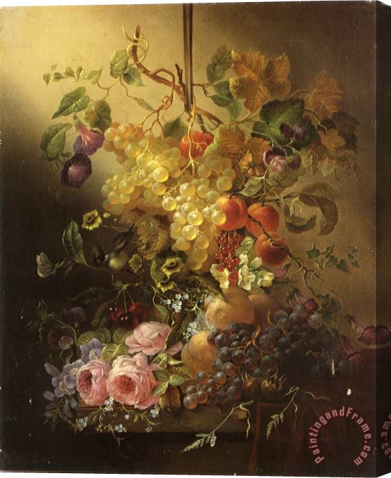 Jean Baptiste Robie Flowers, Fruit, a Bird, And Butterflies on a Table Stretched Canvas Painting / Canvas Art