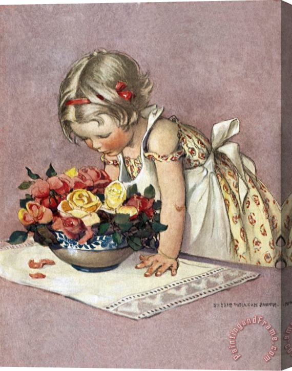 Jessie Willcox Smith Little Girl Admiring a Bowl of Roses Stretched Canvas Painting / Canvas Art