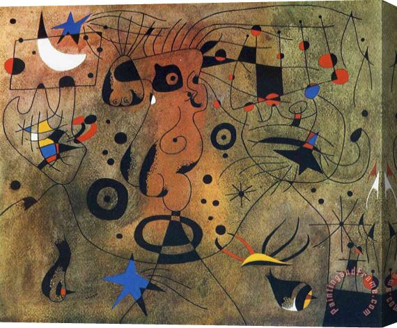 Joan Miro Woman with Blond Armpit Combing Her Hair by The Light of The Stars Stretched Canvas Print / Canvas Art