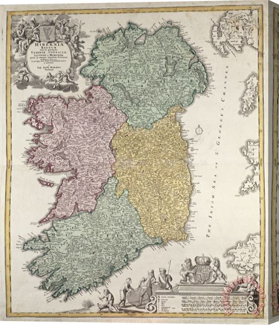 Johann Baptist Homann Antique Map of Ireland showing the Provinces Stretched Canvas Painting / Canvas Art