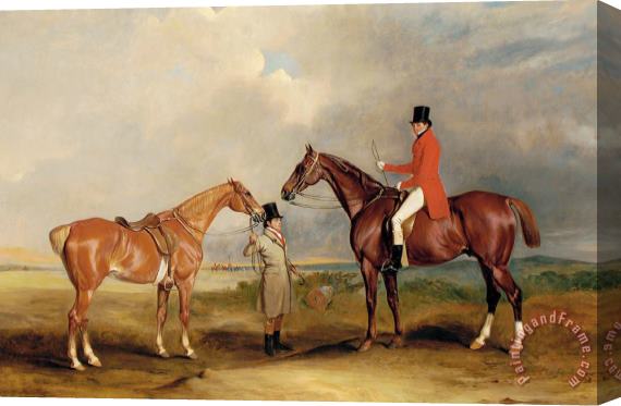 John E Ferneley Portrait Of John Drummond On A Hunter With A Groom Holding His Second Horse Stretched Canvas Print / Canvas Art