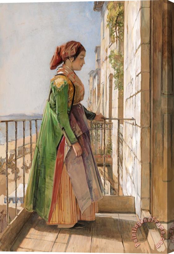 John Frederick Lewis A Greek Girl Standing on a Balcony Stretched Canvas Painting / Canvas Art