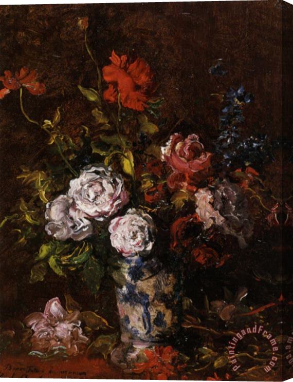 Karl Pierre Daubigny Floral Still Life in a Blue And White Porcelain Vase Stretched Canvas Print / Canvas Art