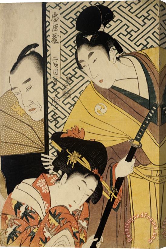 Kitagawa Utamaro Act II of Chushingura, The Young Samurai Rikiya, with Konami, Honzo Partly Hidden Behind The Door Stretched Canvas Print / Canvas Art