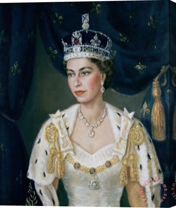 Lydia de Burgh Portrait of Queen Elizabeth II wearing coronation robes and the Imperial State Crown Stretched Canvas Painting / Canvas Art