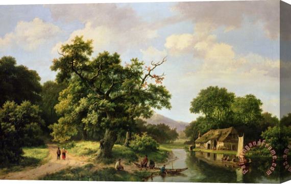 Marinus Adrianus Koekkoek Wooded River Landscape With Peasants Unloading A Ferry Stretched Canvas Print / Canvas Art