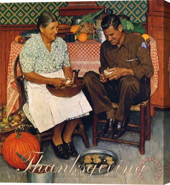 Norman Rockwell Thanksgiving Mother And Son Peeling Potatoes 1945 Stretched Canvas Painting / Canvas Art