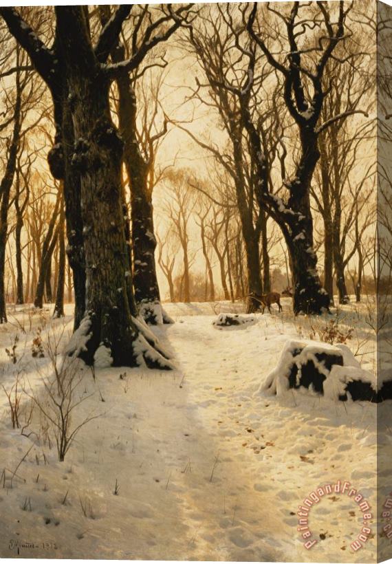 Peder Monsted A Wooded Winter Landscape With Deer Stretched Canvas Painting / Canvas Art