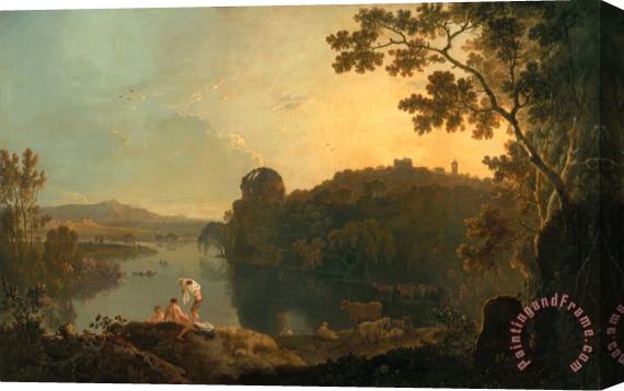 Richard Wilson River scene- bathers and cattle Stretched Canvas Painting / Canvas Art